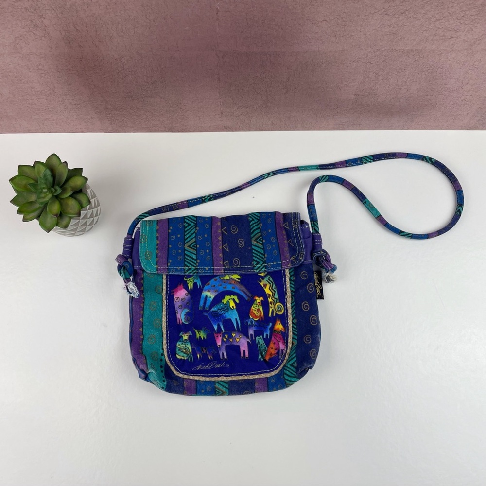 Laurel Burch Blue Purple Green Dog Boho Stripe Geometric Purse Bag Handbag